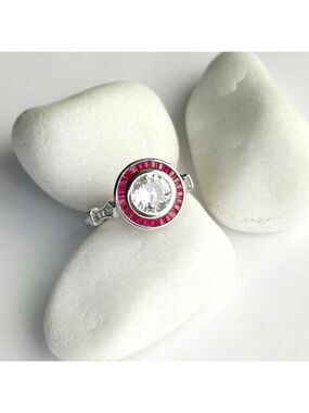 Art Deco White Sapphire and Ruby Ring in Sterling Silver engagement
